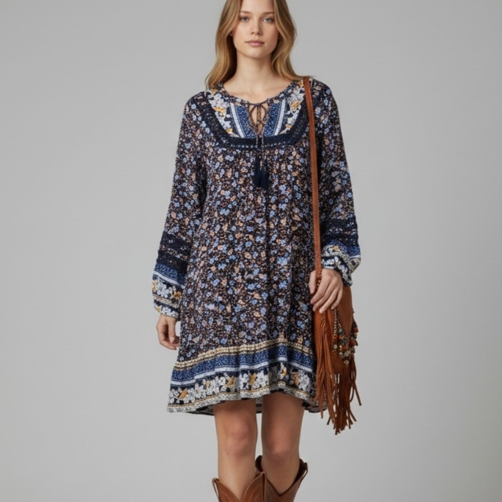 Sundance Simona Patchwork Navy Boho Peasant Floral Tunic Dress Cotton XL Fall